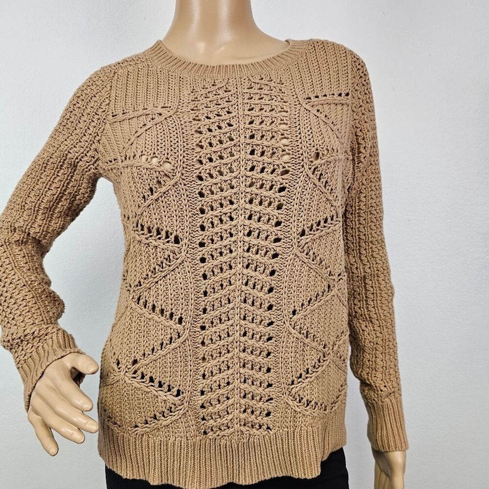 Old Navy Sweater Camel Open Weave Crew Neck Sz S Casusl Boho Academia